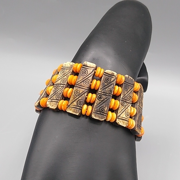 Handmade Engraved Wood & Bead Wide Cuff Bracelet with Black Cord Button Closure - Picture 11 of 12
